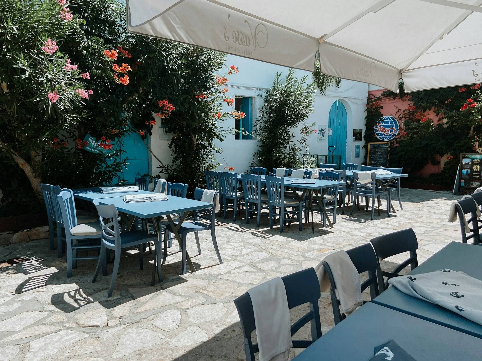 Taverna courtyard with tables in Kefalonia