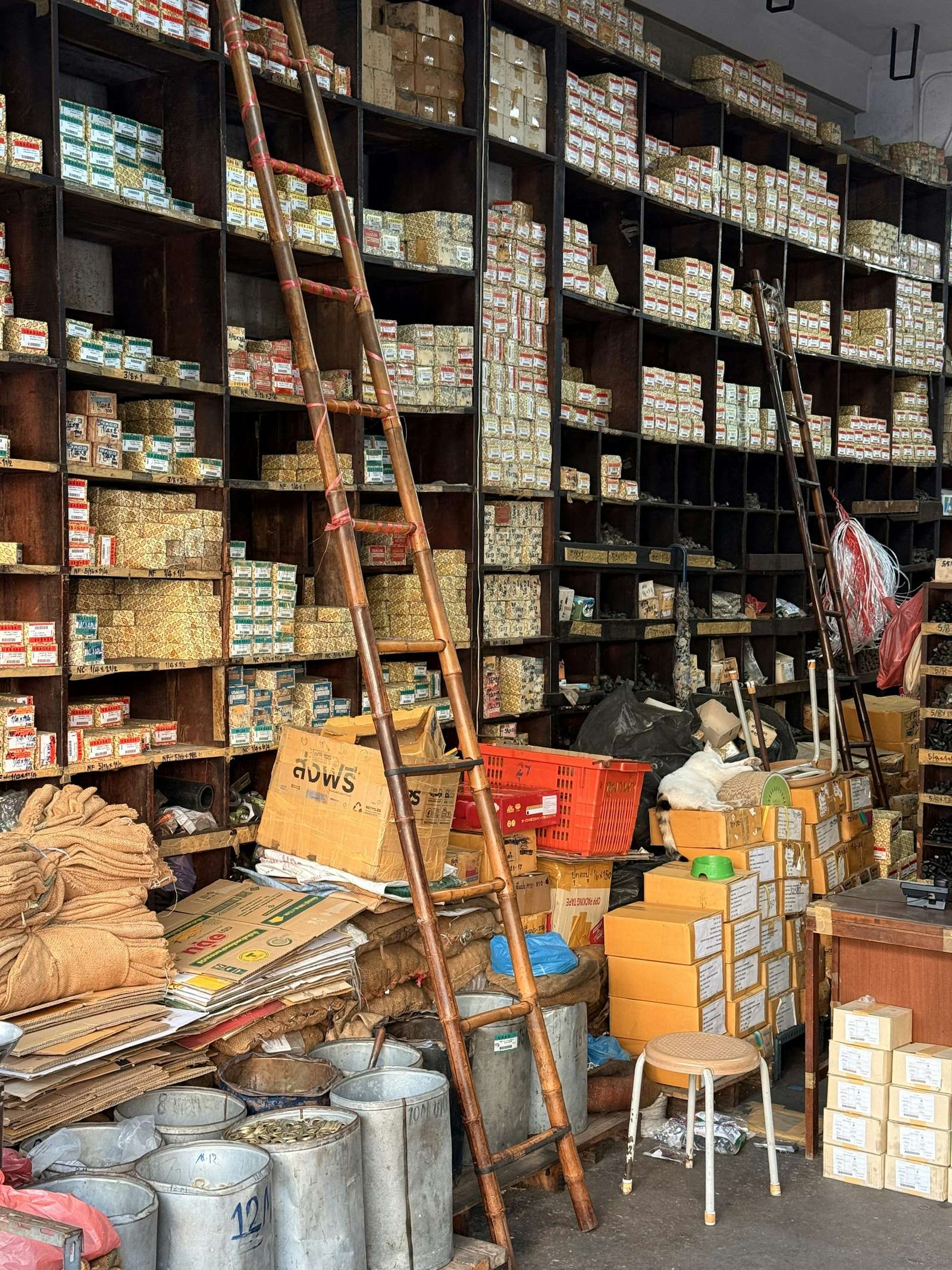 Crowded shelves of boxes in a small shop storeroom